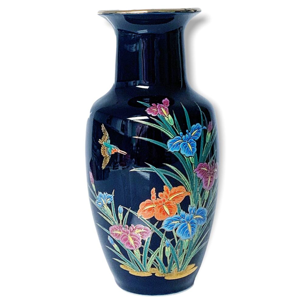 Toyo Japan Gosu Iris Cobalt Blue Flower Bird Painted Vase 8"
